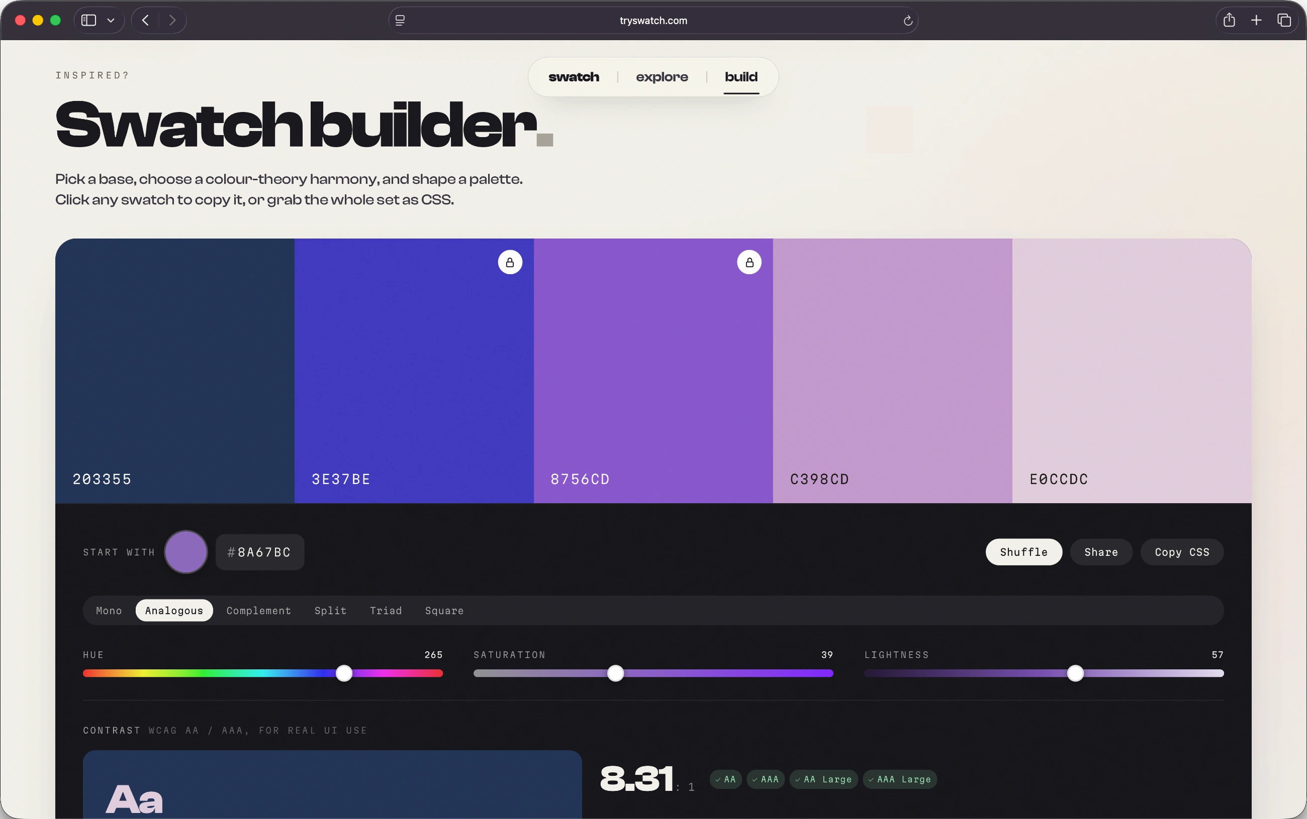 The builder, mid-tweak: five generated swatches with two locked, a harmony selected, sliders below