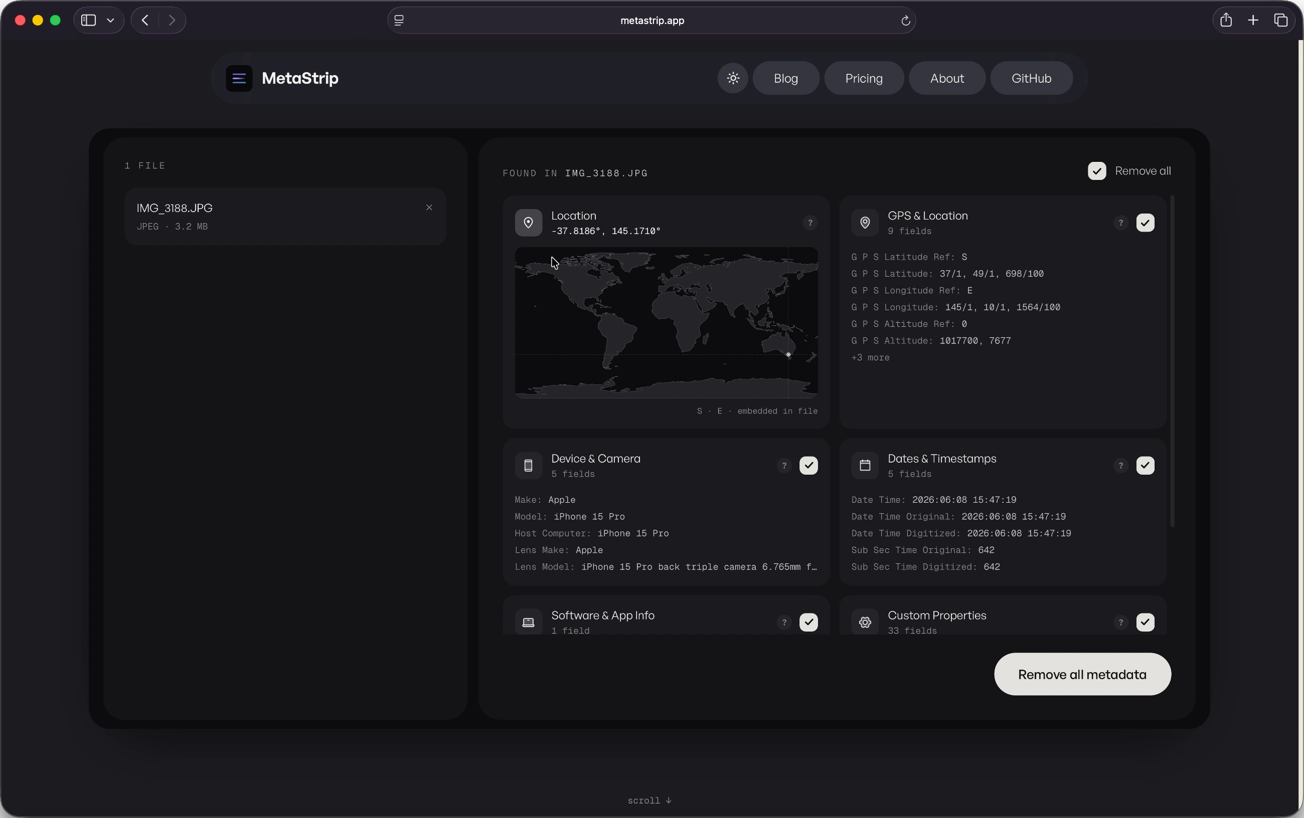 Metastrip's homepage, running on the new palette
