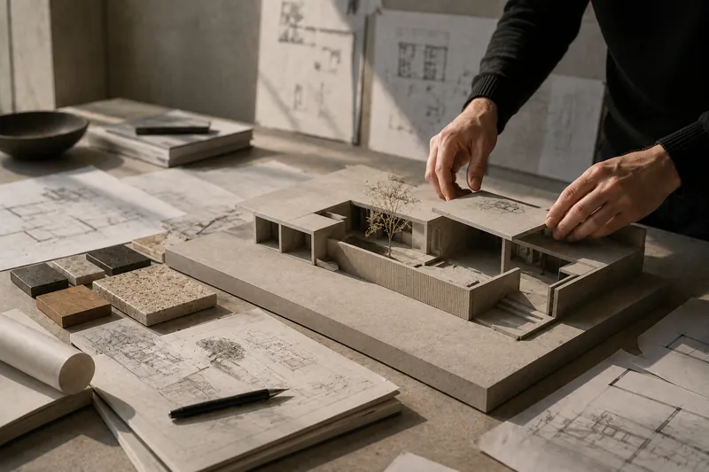 Hands adjusting a physical architectural scale model beside drawings