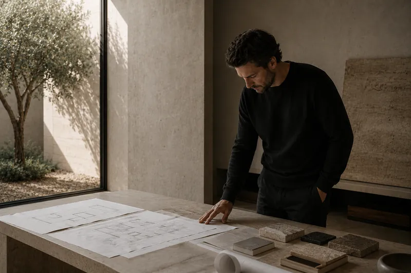 Elias Wren, founding director, reviewing drawings inside a completed project
