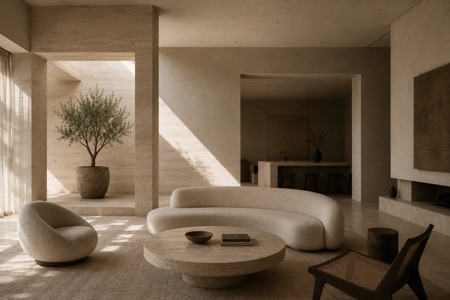 Minimal travertine living room with curved furniture and an olive tree