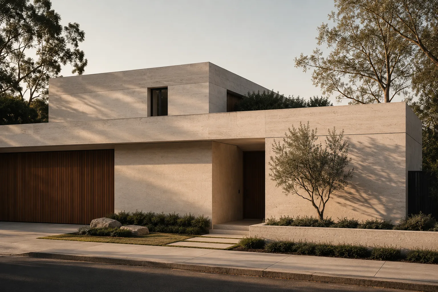 Contemporary travertine residence in warm afternoon light