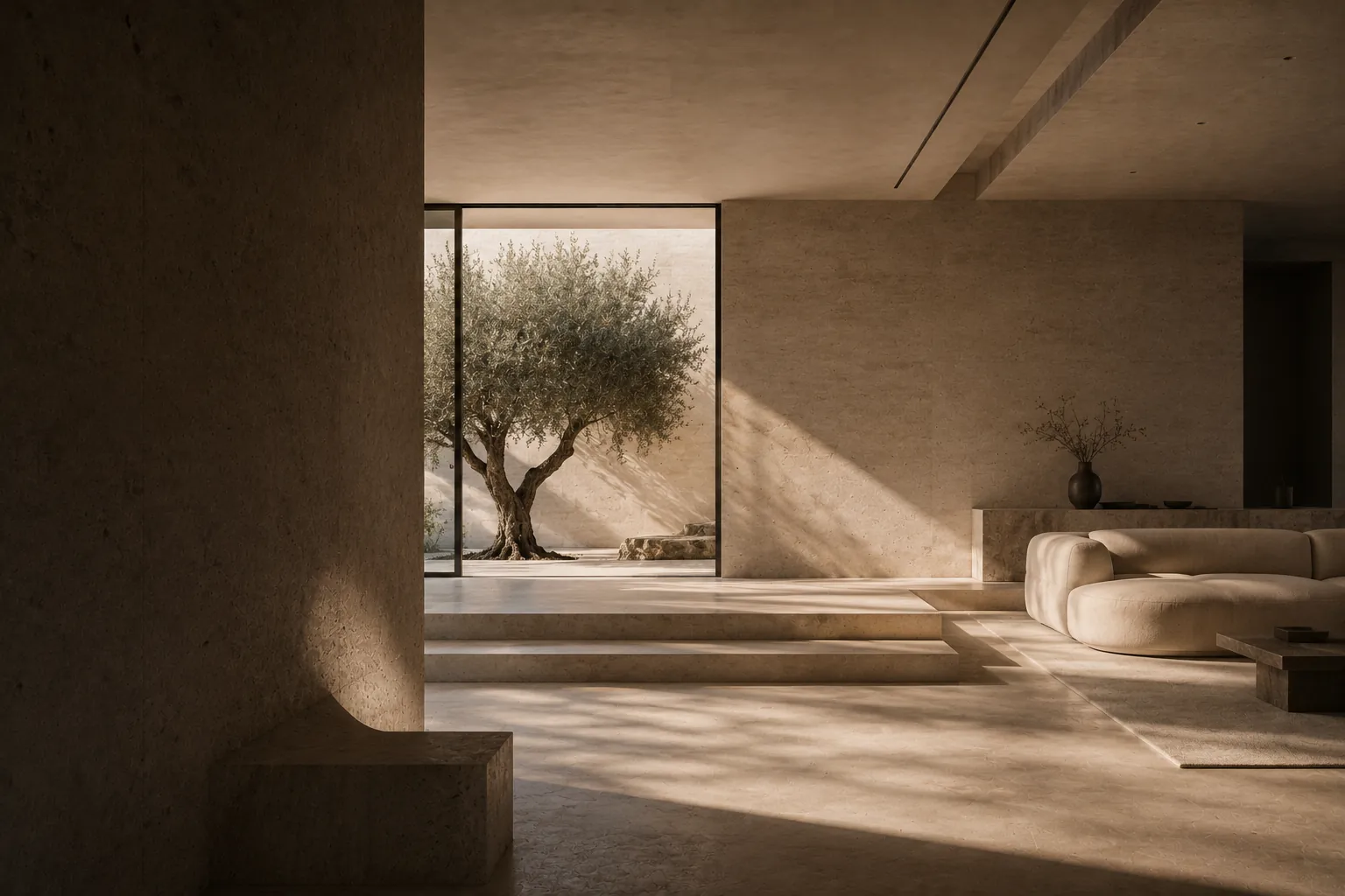 Travertine interior with an olive tree and curved furniture in soft light
