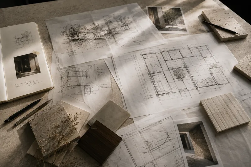 Tracing paper, plans, hand sketches and material samples on a studio table