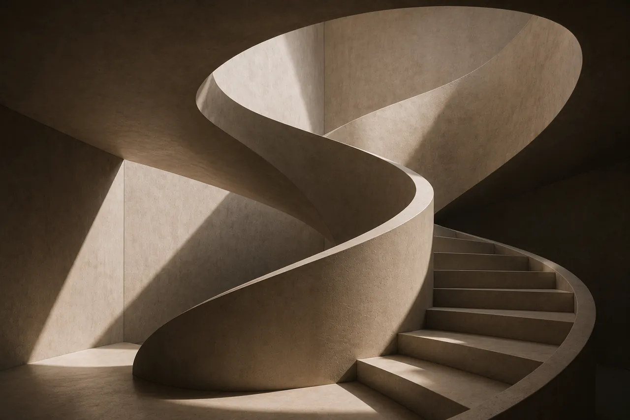 Sculptural concrete spiral staircase rising through light