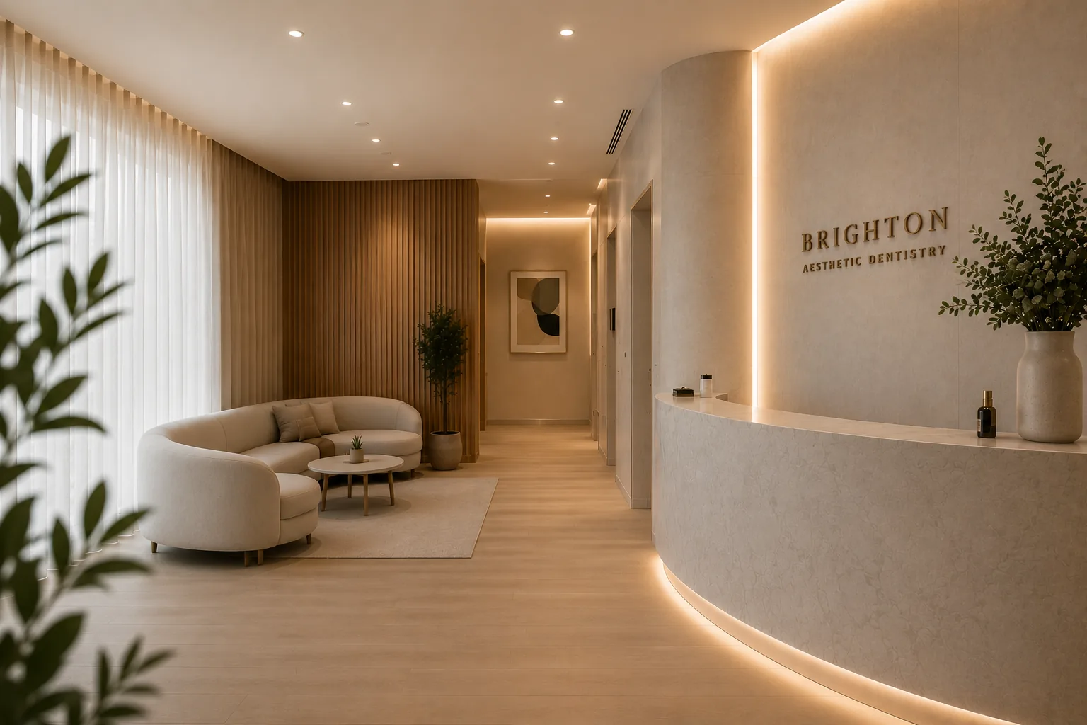 Warm, minimal reception area at Brighton Aesthetic Dentistry