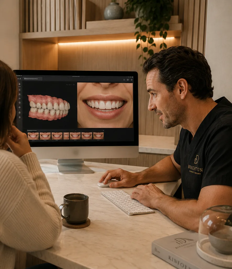 Dentist and patient reviewing a digital smile design on screen