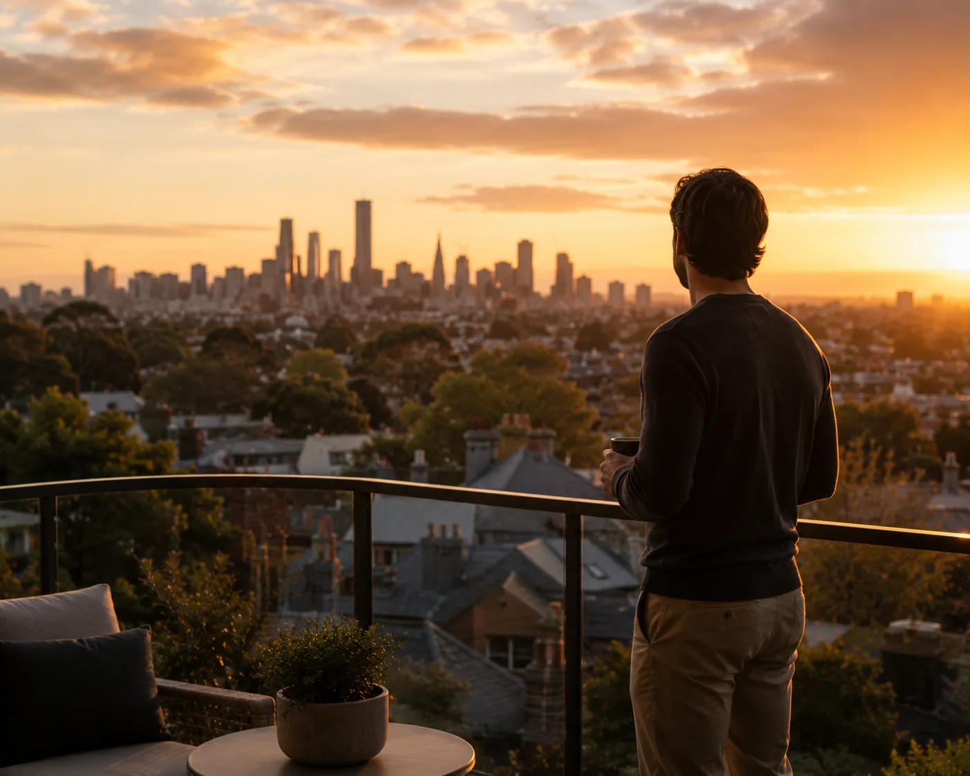 Melbourne homeowner overlooking the city skyline at sunset