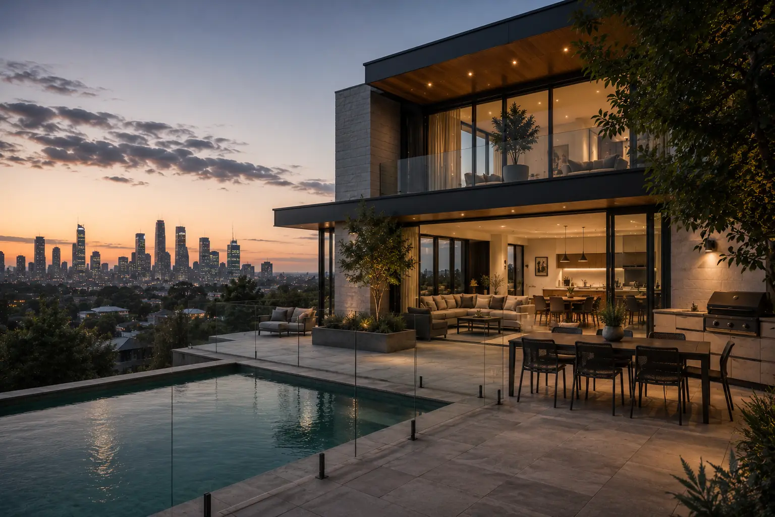 Luxury Melbourne residence at dusk with city skyline