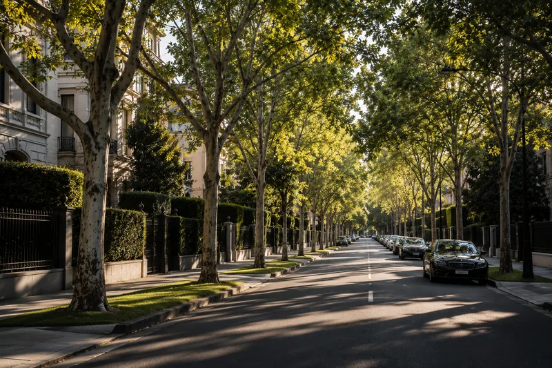 Tree-lined Melbourne street in golden light