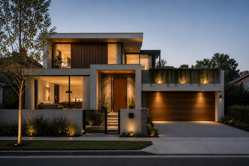 Contemporary family home facade at dusk, Hawthorn
