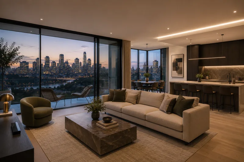 Luxury apartment interior with Melbourne skyline view