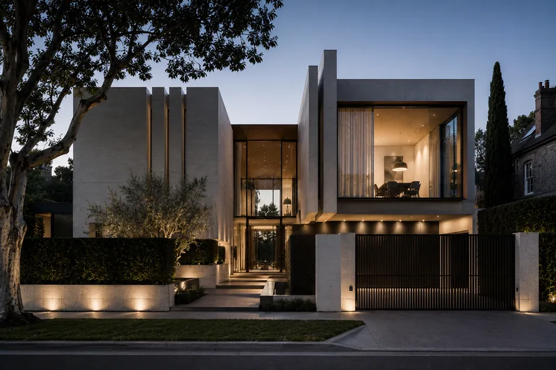 Architect-designed stone residence at dusk, Toorak