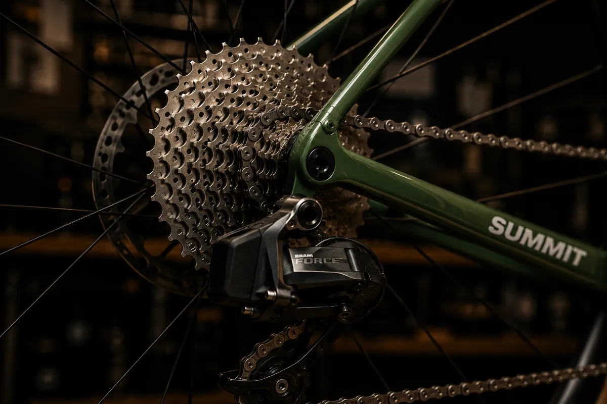 Close-up of a SRAM Force rear derailleur and cassette