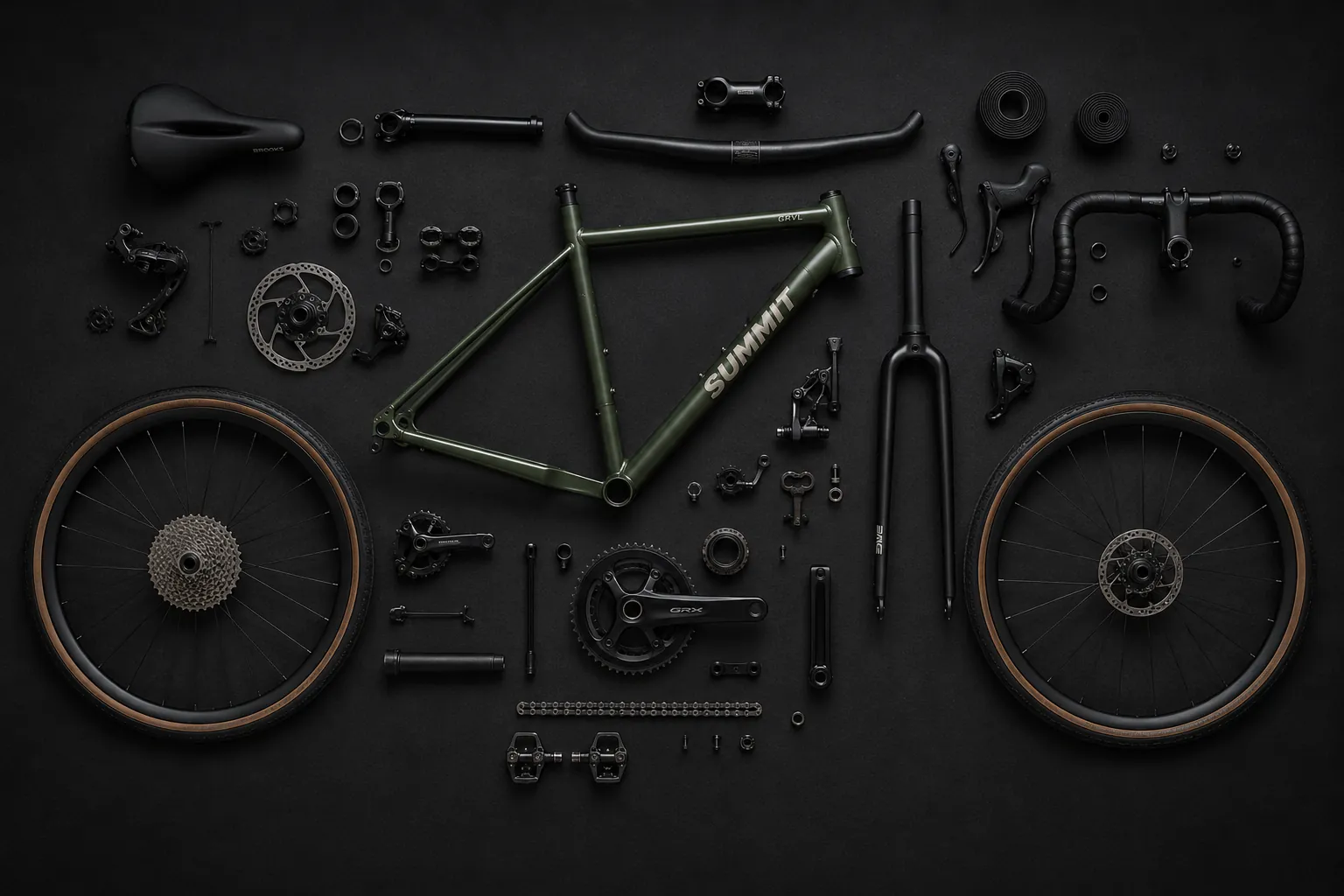 Flat-lay of a disassembled green Summit gravel bike laid out as components