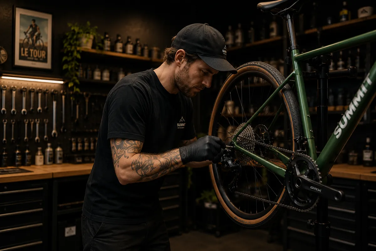Summit mechanic servicing a green gravel bike's drivetrain