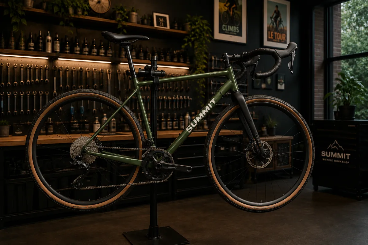 Premium green Summit gravel bike on a workshop repair stand