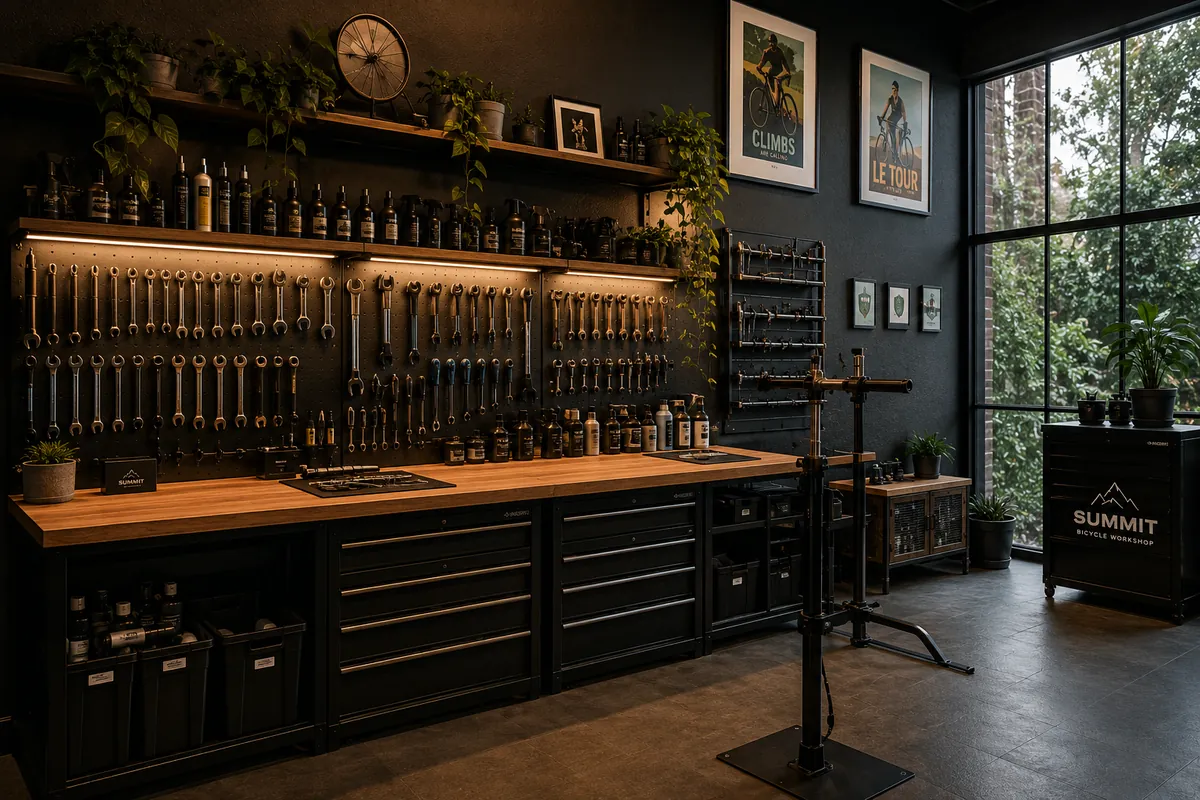 Summit workshop interior with tool wall and repair stand